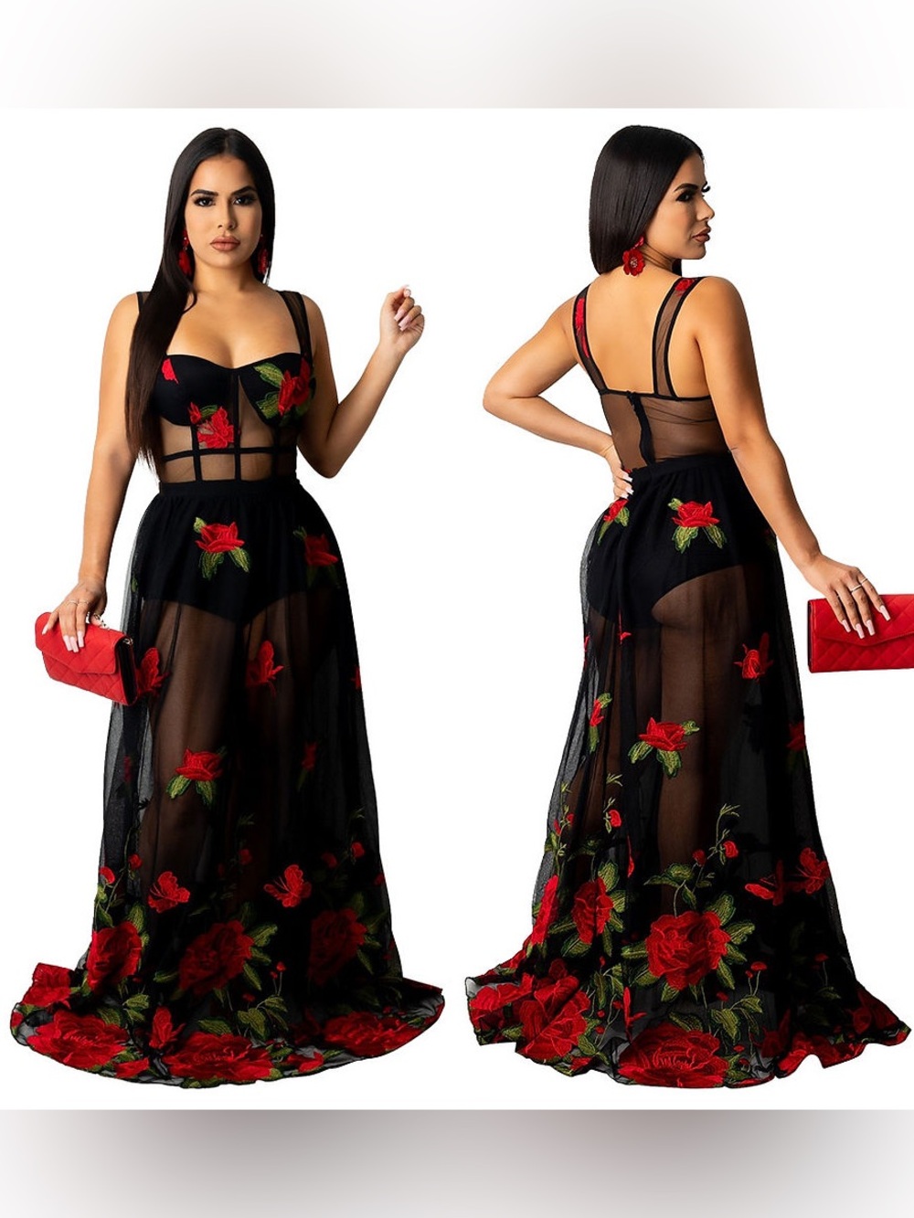 SEE VIDEO !! Black Sheer Maxi Dress with Red Rose Embroidery